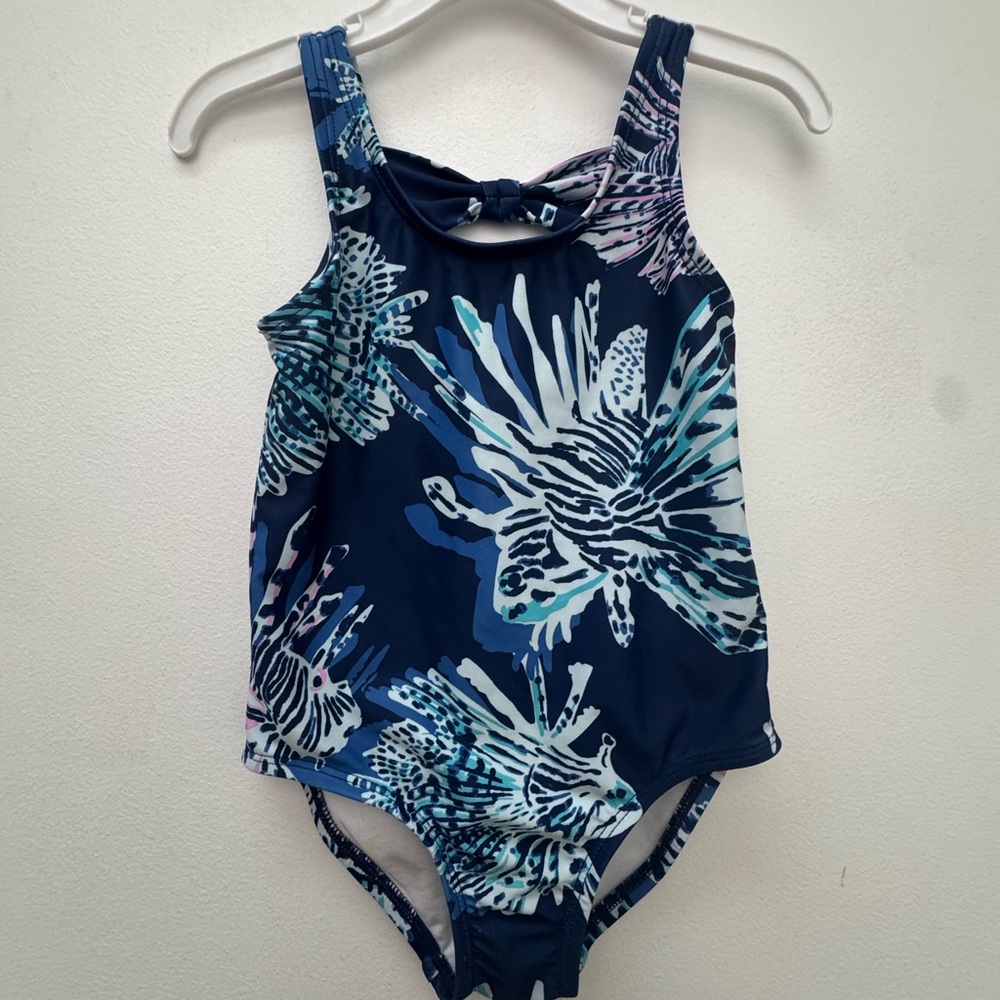 Carter's Navy and Aqua Fish Pattern One-Piece Swimsuit with matching bucket hat